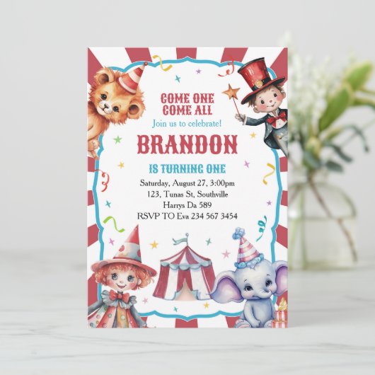 サーカスカーニバルフェスティバル1st誕生日招待状 招待状 (スタンド正面)