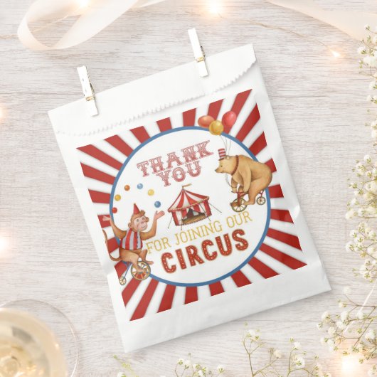 サーカスカーニバル動物の誕生日または赤ちゃんシャワー フェイバーバッグ (クリップ留めされた状態)