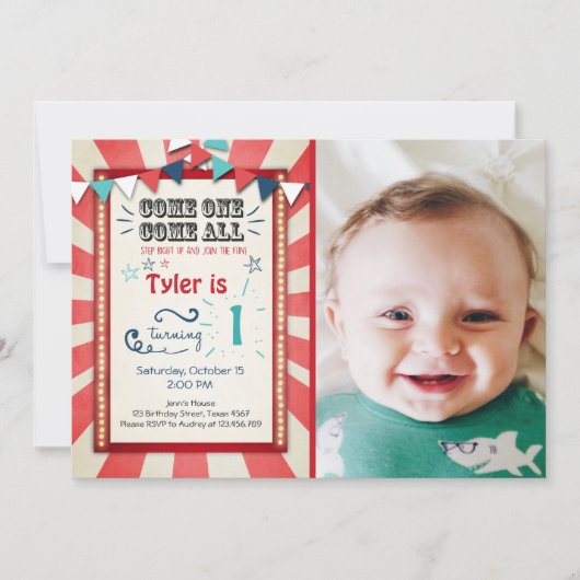 サーカスカーニバル誕生日の招待ビッグトップ 招待状 (正面)