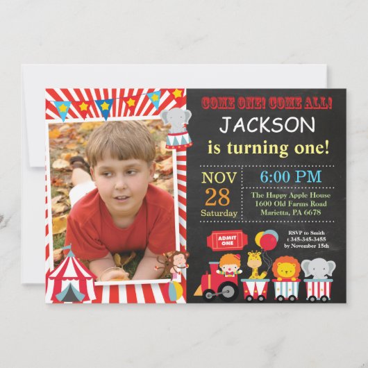 サーカスカーニバル誕生日パーティフォト招待状 招待状 (正面)