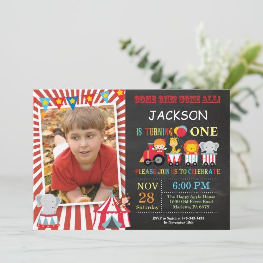 サーカスカーニバル誕生日パーティフォト招待状 招待状 (スタンド正面)