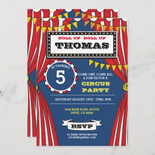 サーカスカーニバル誕生日パーティーおもしろいテント招待状 招待状 (正面/裏面)