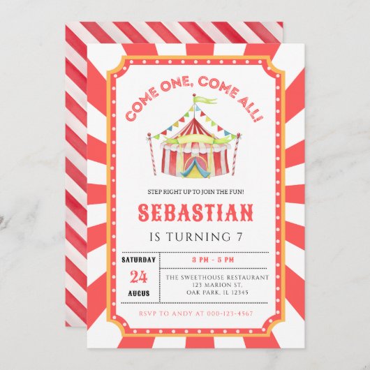 サーカスカーニバル誕生日パーティー 招待状 (正面/裏面)