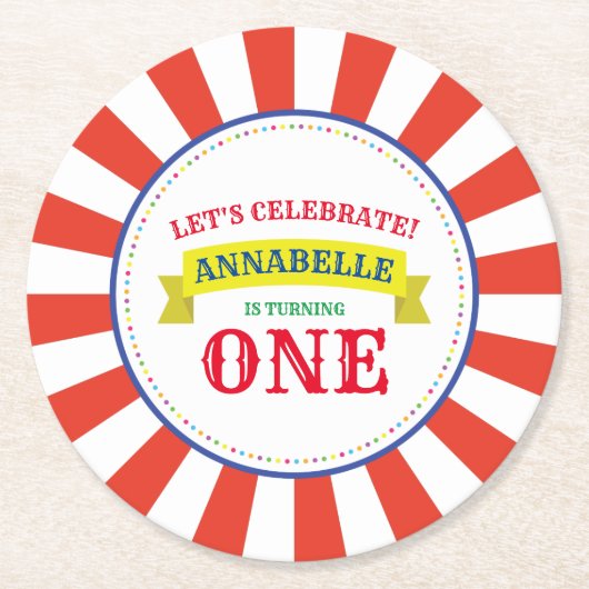 サーカスキュートキッズバースデーパーティーヴィンテージ ラウンドペーパーコースター (正面)