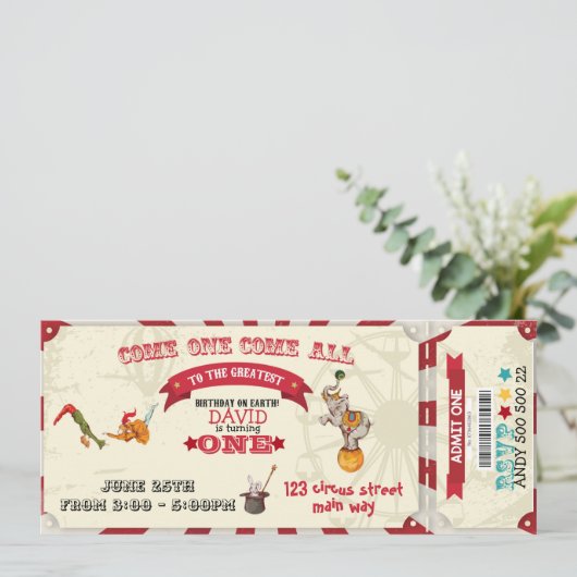 サーカスチケットサーカスショーボーイの第1誕生日パーティー 招待状 (スタンド正面)