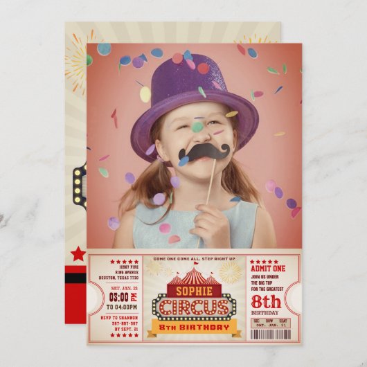 サーカスチケットパスフォト誕生日招待状 招待状 (正面/裏面)