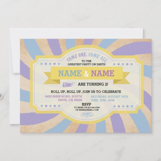 サーカスツインズバースデーパーティーブルーカーニバル招待状 招待状 (正面)