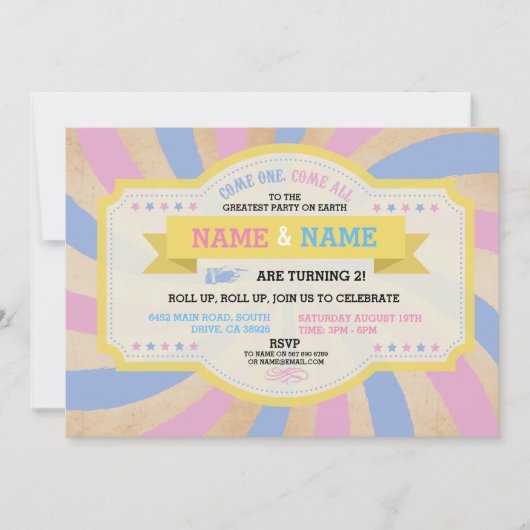 サーカスツインズ誕生日ピンク&ブルーカーニバル招待状 招待状 (正面)