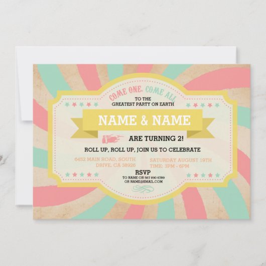 サーカスツインズ誕生日ミント&コーラルカーニバル招待状 招待状 (正面)