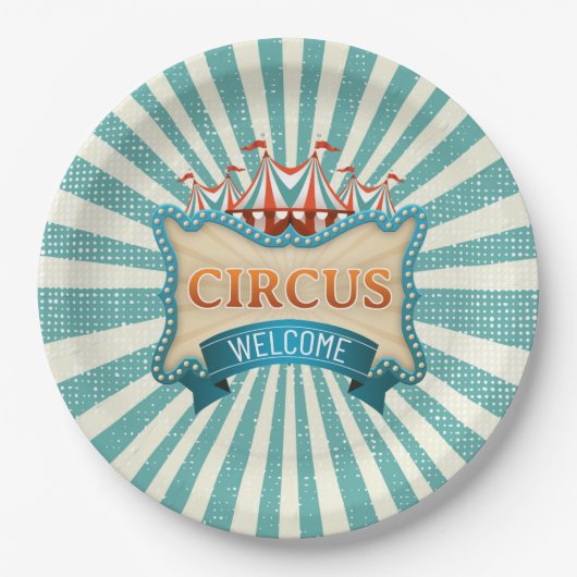 サーカスティール（緑がかった色）レッドテントバースデーパーティー紙プレート ペーパープレート (正面)