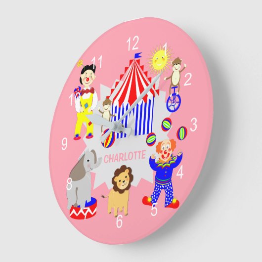 サーカステントカートゥーンピエロと動物パーソナライズされた ラージ壁時計 (傾斜)
