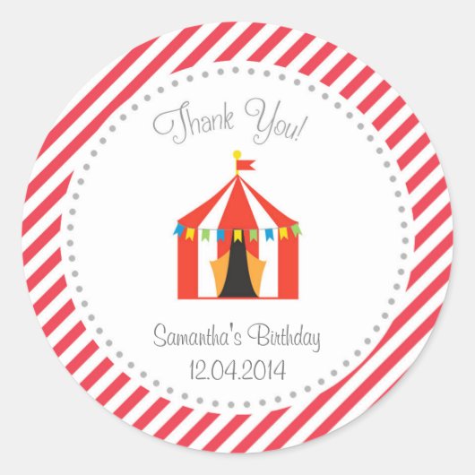 サーカステント誕生日ありがとうステッカー赤 ラウンドシール (正面)