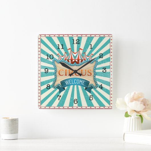 サーカステーマティール(緑がかった色)レッドテント スクエア壁時計 (ホーム)