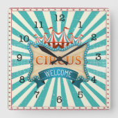 サーカステーマティール(緑がかった色)レッドテント スクエア壁時計 (正面)