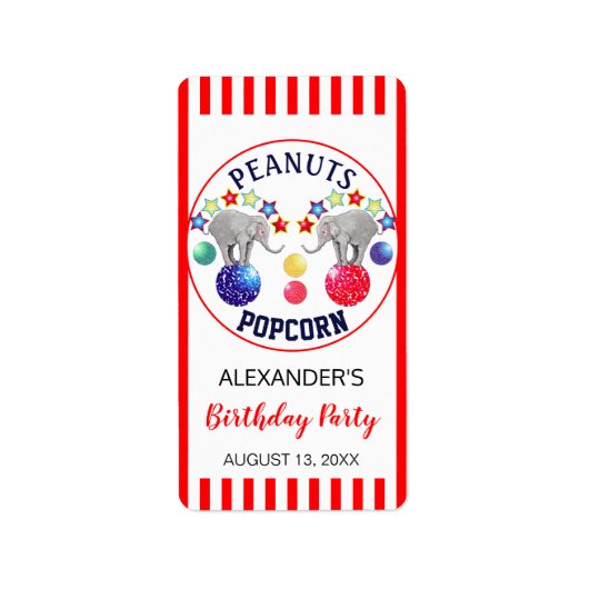 サーカステーマ象の誕生日パーティーの好意 ラベル (正面)