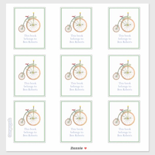 サーカスバイクグリーン蔵書票ステッカー シール (シート)