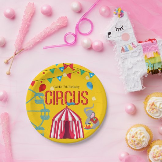 サーカスバースデーパーティーおもしろいイエローカラフル ペーパープレート (パーティー)
