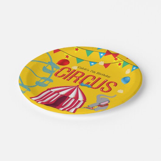 サーカスバースデーパーティーおもしろいイエローカラフル ペーパープレート (アングル)