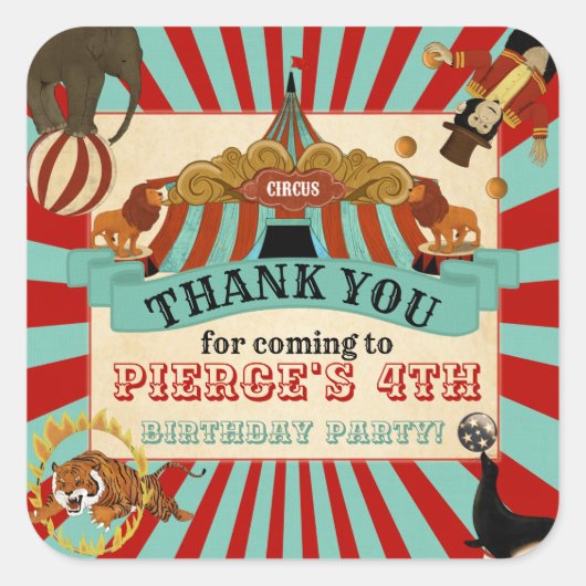 サーカスバースデーパーティーサンキューユユーメッセージカード スクエアシール (正面)