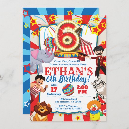 サーカスパーティの招待状第6誕生日 招待状 (正面/裏面)