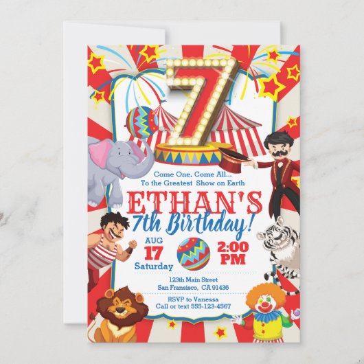 サーカスパーティの招待状第7誕生日 招待状 (正面)