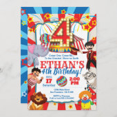 サーカスパーティの招待状4歳の誕生日 招待状 (正面/裏面)