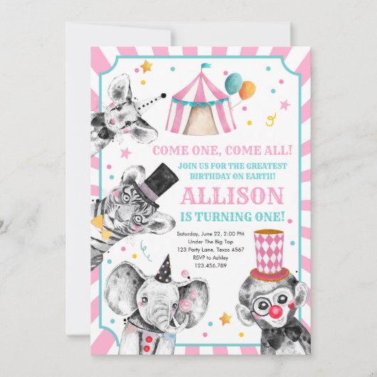 サーカスパーティー動物カーニバルパーティー最初の誕生日 招待状 (正面)
