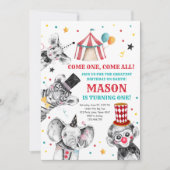 サーカスパーティー動物カーニバルパーティー最初の誕生日 招待状 (正面)