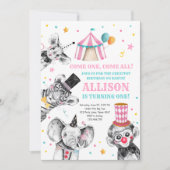 サーカスパーティー動物カーニバルパーティー最初の誕生日 招待状 (正面)