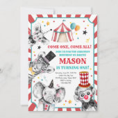 サーカスパーティー動物カーニバルパーティー最初の誕生日 招待状 (正面)