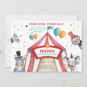 サーカスパーティー動物カーニバルパーティー最初の誕生日 招待状 (正面)