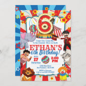 サーカスパーティー招待状 6歳の誕生日 招待状 (正面/裏面)