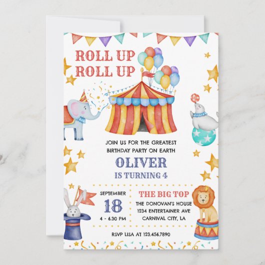 サーカスビッグトップかわいい動物の子供の誕生日パーティー 招待状 (正面)
