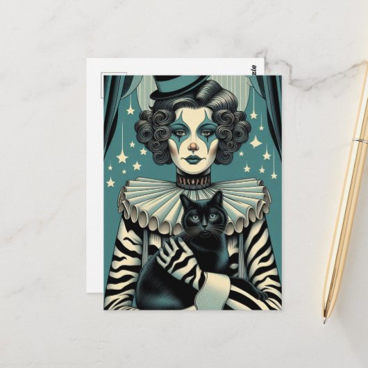 サーカスピエロウーマンと黒猫 ポストカード (正面/裏面インサイチュ)