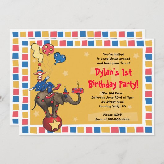 サーカスピエロ第1ハッピーバースデー – サリの割引 招待状 (正面/裏面)