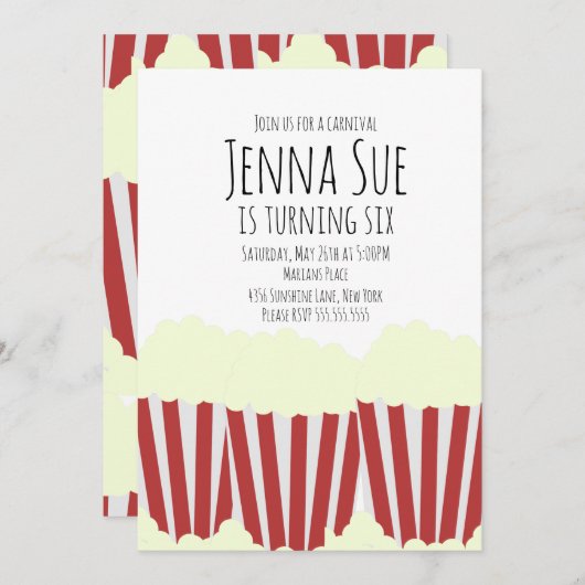 サーカスポップコーンカーニバル誕生日招待状 招待状 (正面/裏面)