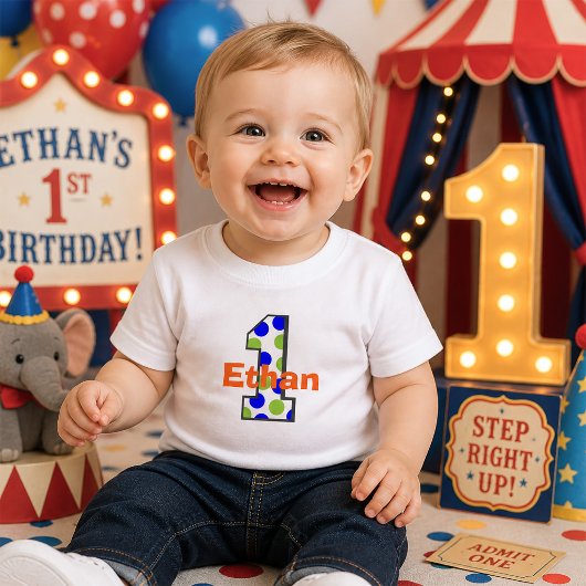 サーカスポルカドット1歳の誕生日おめでとう男の子 ベビーTシャツ