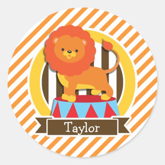 サーカスライオン、オレンジと白ストライプ色 ラウンドシール (正面)