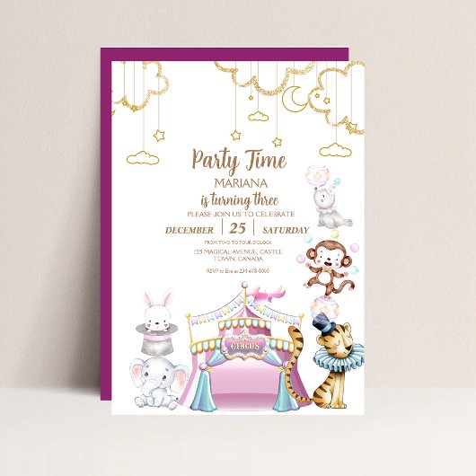 サーカス動物かわいいガーリー3歳の誕生日 招待状