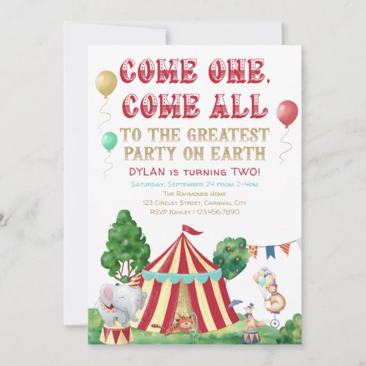 サーカス動物とビッグトップ任意の年齢写真誕生日 招待状 (正面)