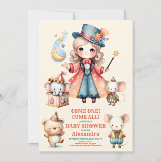 サーカス動物の赤ちゃんシャワー 招待状 (正面)