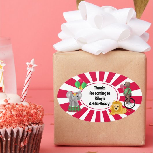 サーカス動物子供の誕生日サンキューステッカー 楕円形シール (パーティー)
