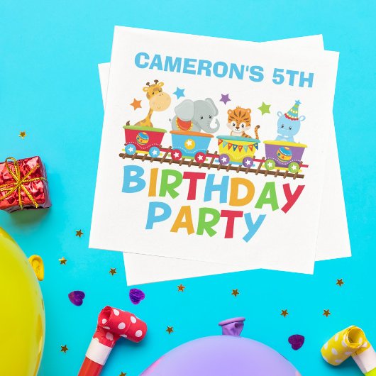 サーカス動物電車かわいい子供たち名前の誕生日パーティー スタンダードカクテルナプキン