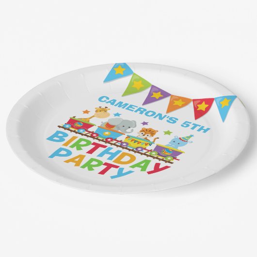サーカス動物電車かわいい子供たち名前の誕生日パーティー ペーパープレート (アングル)
