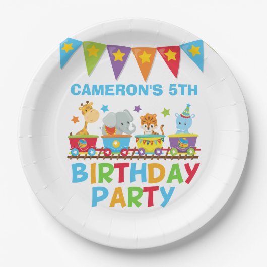 サーカス動物電車かわいい子供たち名前の誕生日パーティー ペーパープレート (正面)
