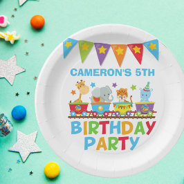 サーカス動物電車かわいい子供たち名前の誕生日パーティー ペーパープレート