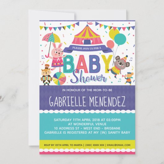 サーカス男女兼用ベビーシャワー招待状 招待状 (正面)