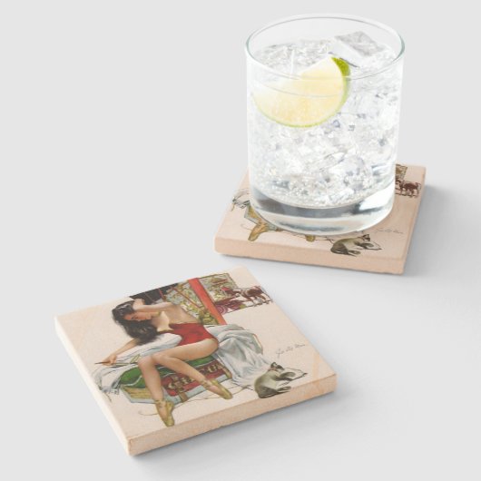 サーカス美しいヴィンテージアートクリスマスピンアップガール ストーンコースター (横)