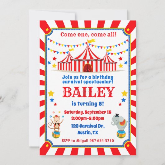 サーカス誕生日の招待カーニバル招待状 招待状 (正面)