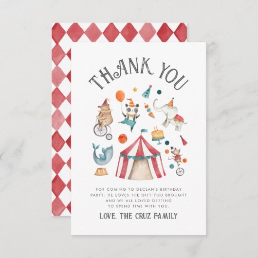 サーカス誕生日サンキューカード サンキューカード (正面/裏面)